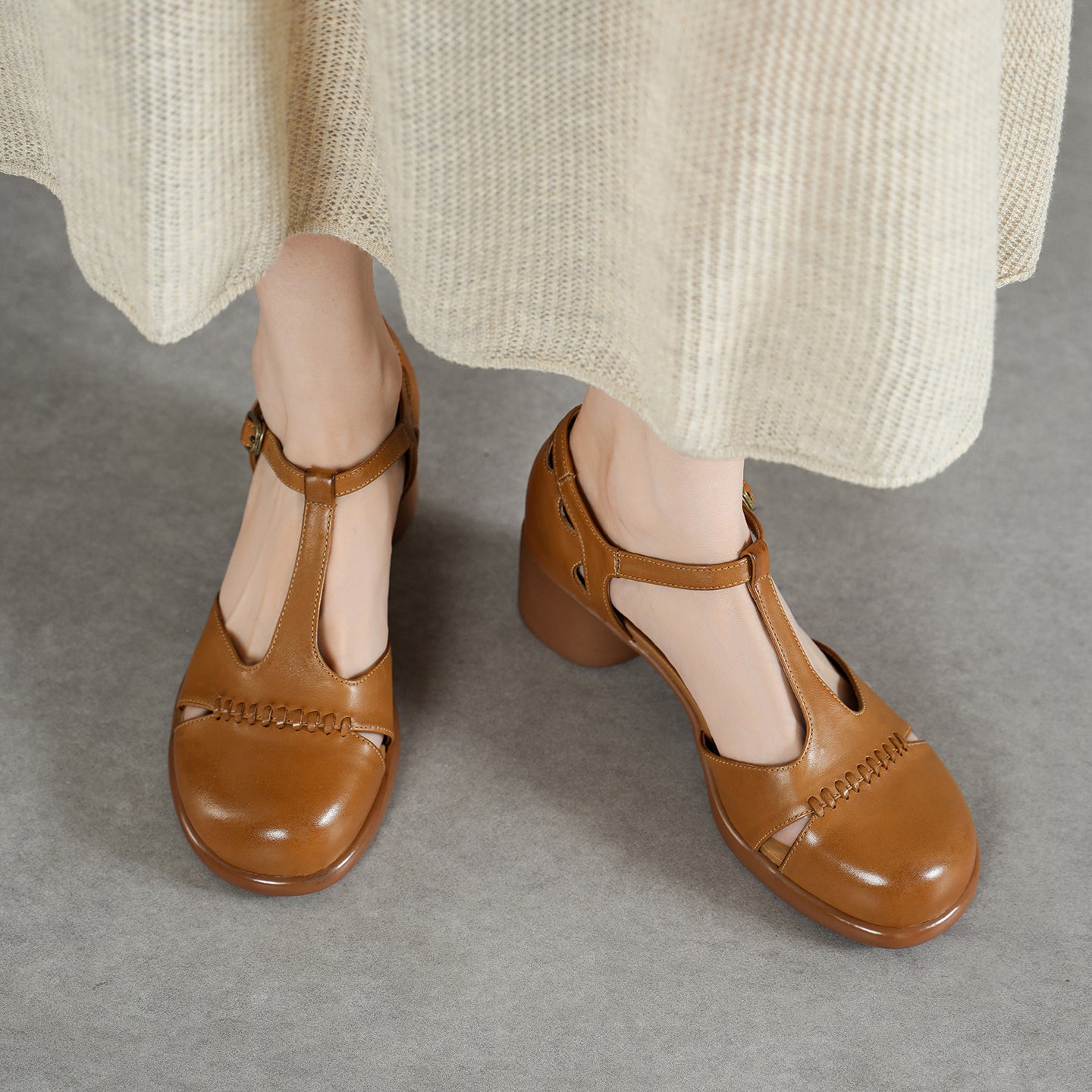 handmade leather T-strap sandals