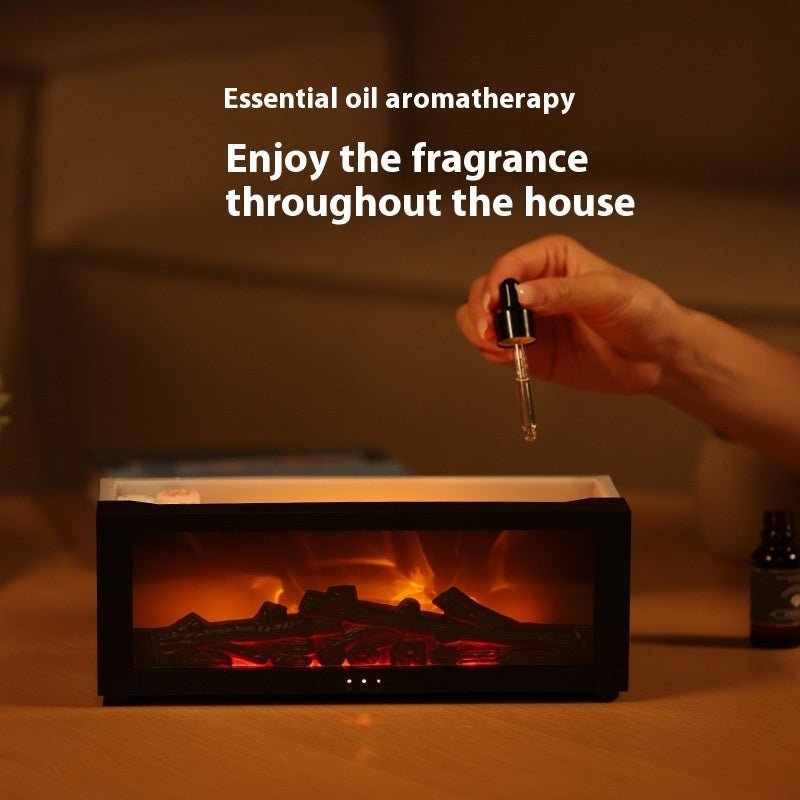 New Flame Aromatherapy machine in use, showcasing essential oil diffusion with a realistic flame effect.