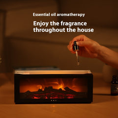 New Flame Aromatherapy machine in use, showcasing essential oil diffusion with a realistic flame effect.