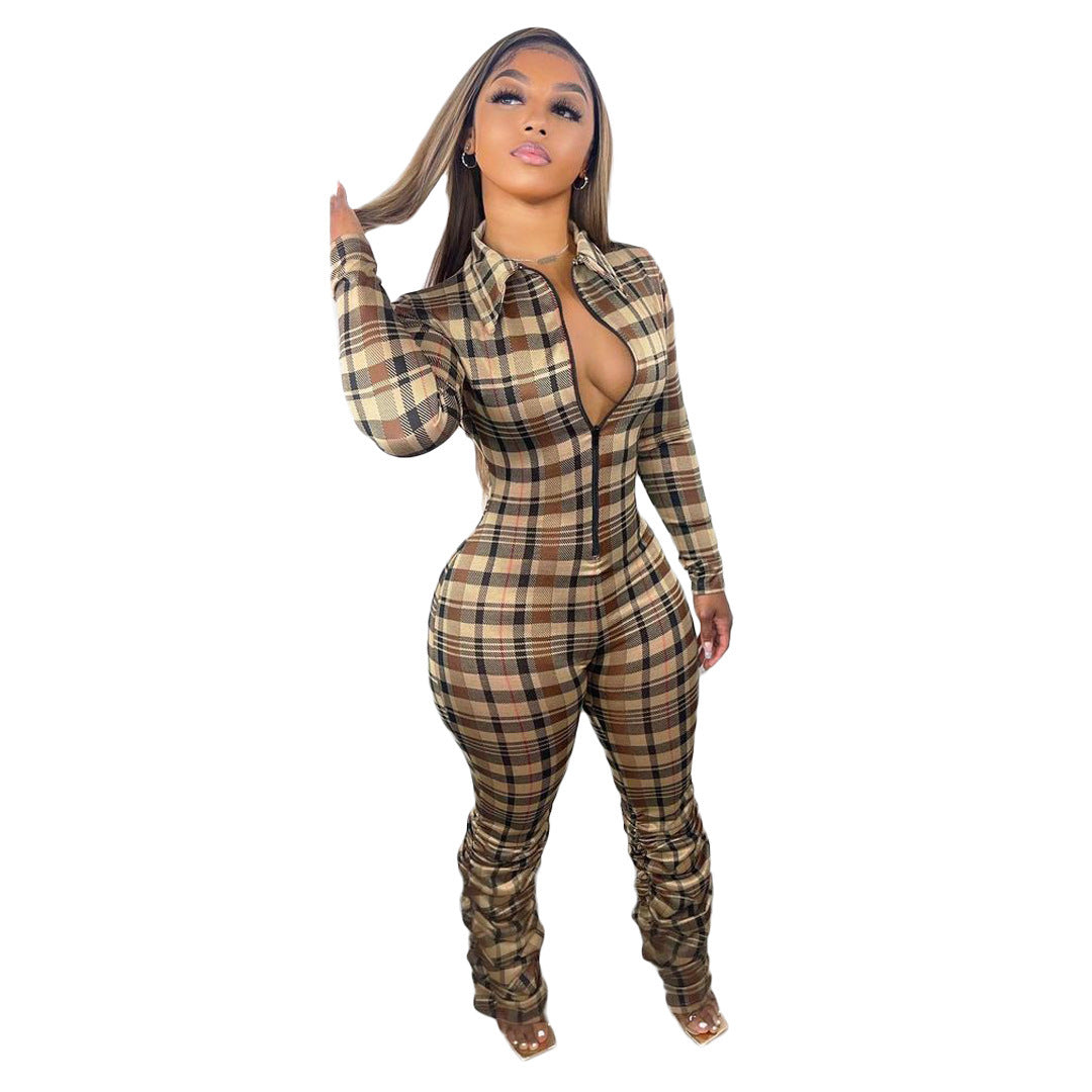 Plaid-printed Lapel Slim-fit Pleated
