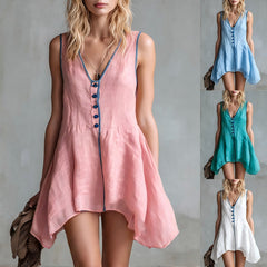 Sleeveless Vintage-style Piped Cotton-