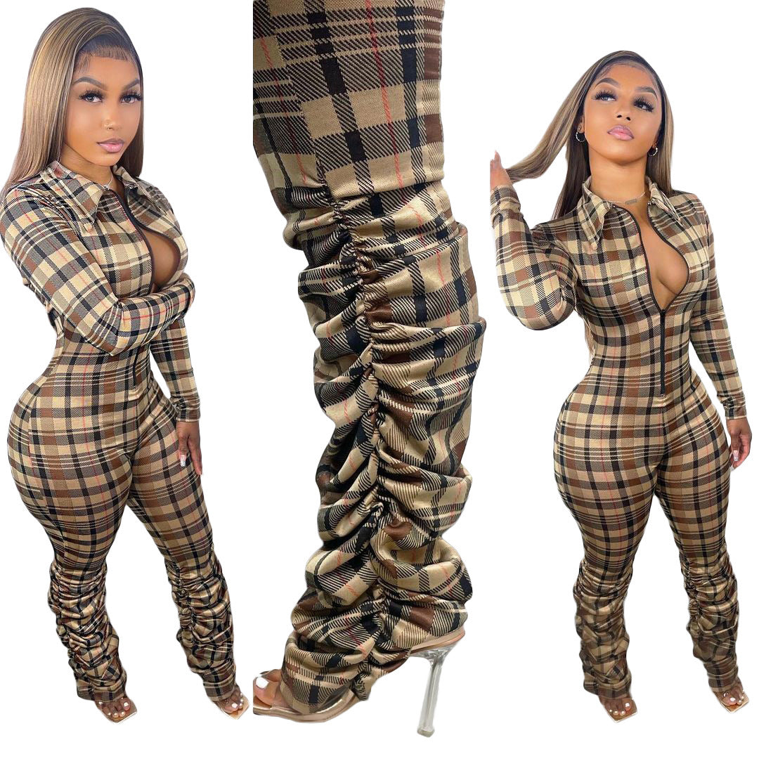 Plaid-printed Lapel Slim-fit Pleated