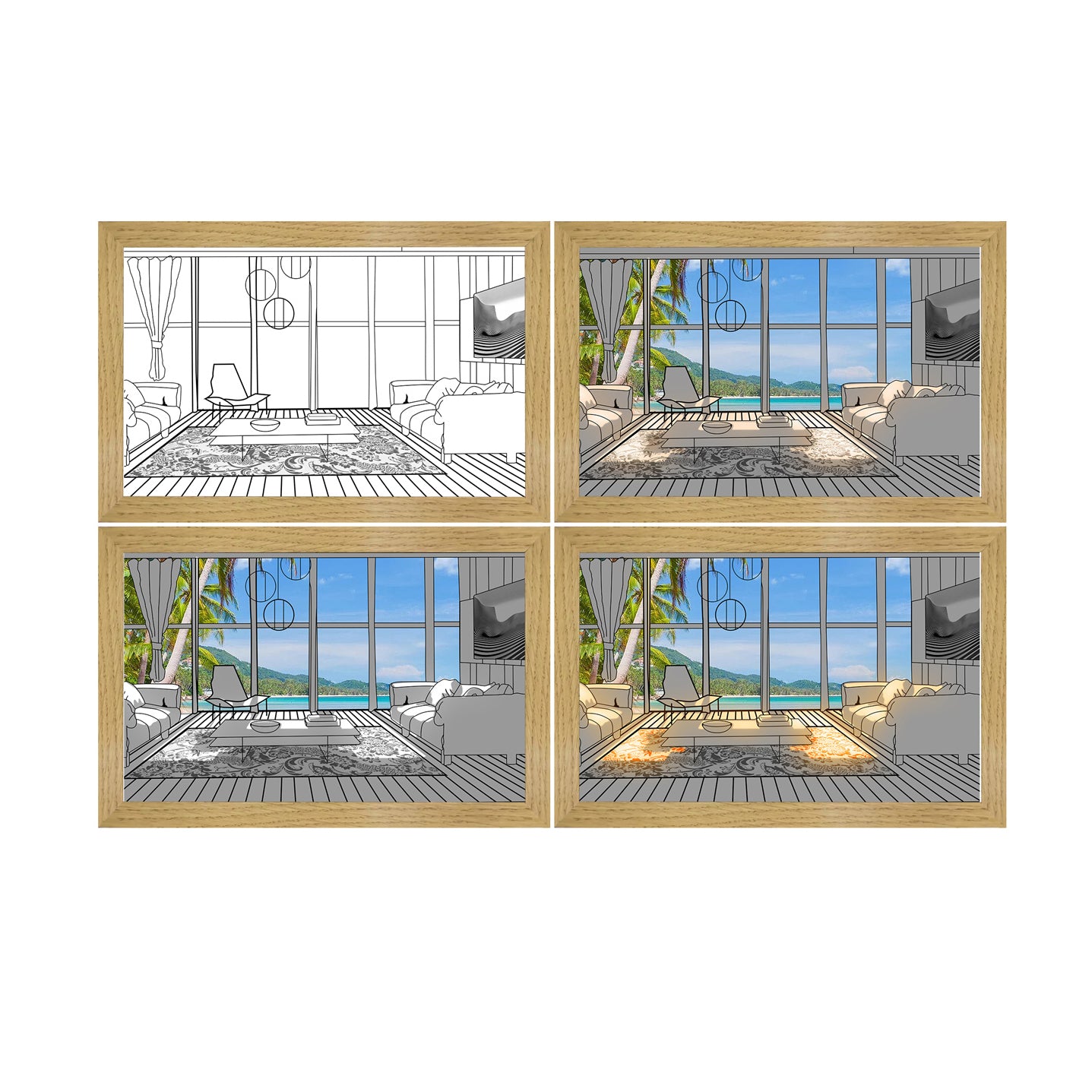 Illuminated Picture LED Decorative Light Painting showcasing artistic transformations in four images.